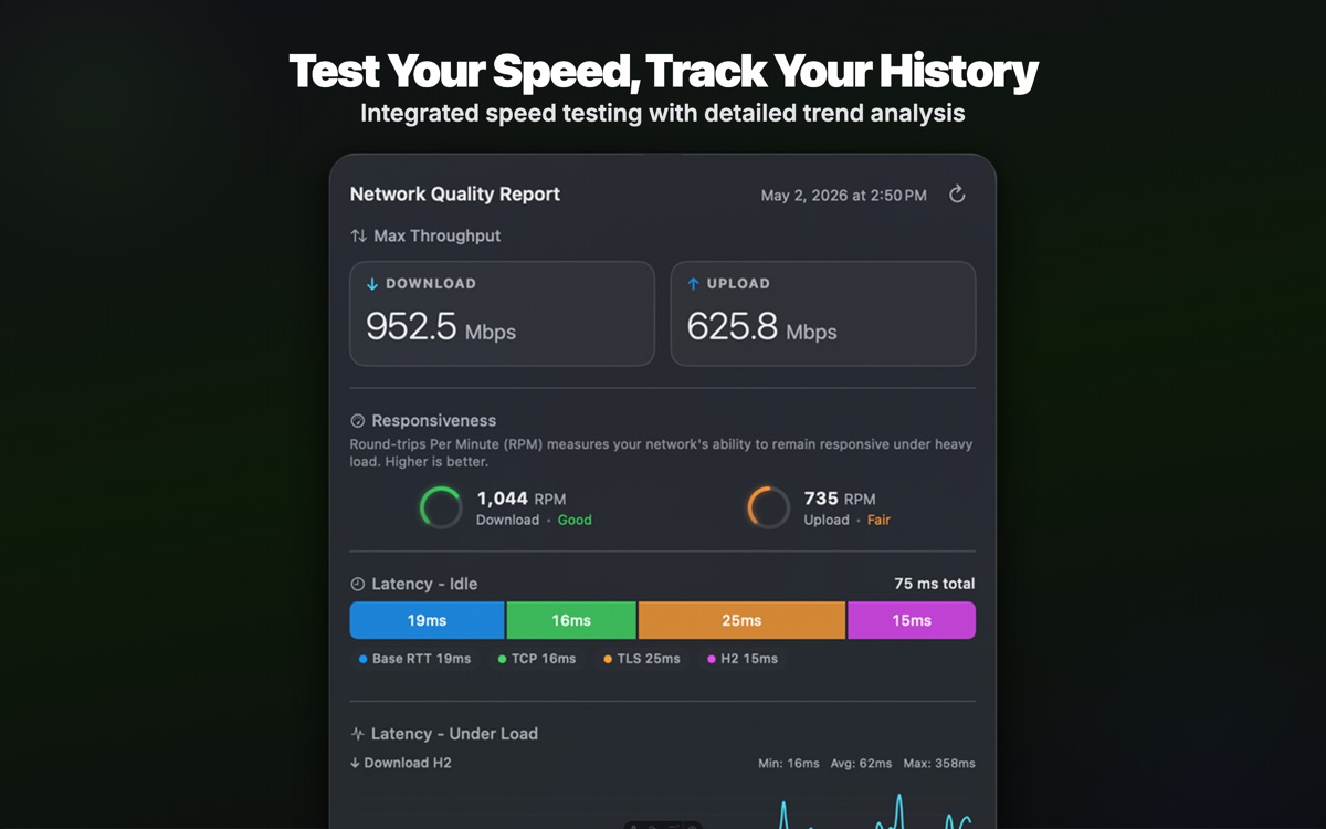 Built-in speed tests with history