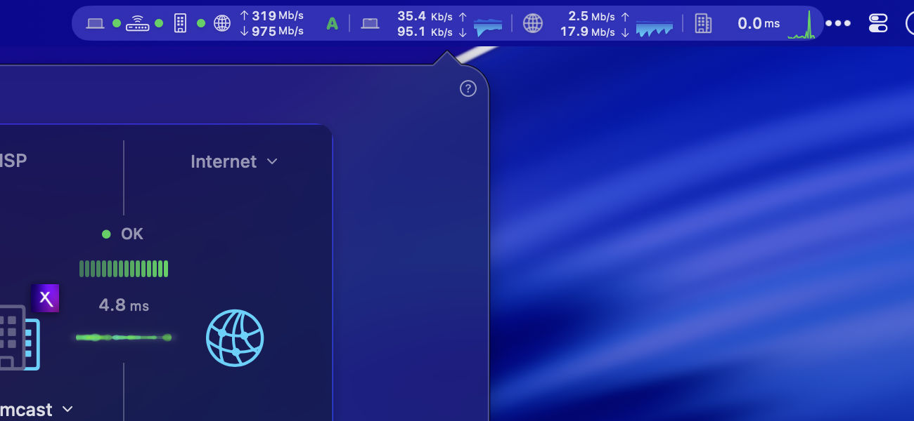 PeakHour menu bar integration showing live network stats and dropdown dashboard